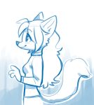  2018 anthro blue_and_white blush canine clothed clothing female fox fuel_(artist) mammal monochrome side_view simple_background smile solo 