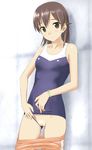  against_wall bare_shoulders blush bracelet breasts brown_eyes brown_hair collarbone fat_mons hair_ornament hairclip highres jewelry kyouno_madoka looking_at_viewer one-piece_swimsuit pants pants_pull parted_lips pussy rinne_no_lagrange small_breasts solo sweatdrop swimsuit swimsuit_aside takafumi track_pants uncensored 