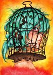  acrylic_paint_(medium) aqua_hair asahi_(sakanasakana) bad_id bad_pixiv_id birdcage cage lips original solo traditional_media watercolor_(medium) 