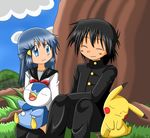  couple hikari_(pokemon) pikachu piplup pokemon pokemon_(anime) relaxation satoshi_(pokemon) 