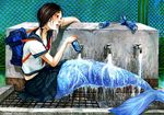  acrylic_paint_(medium) asahi_(sakanasakana) bad_id bad_pixiv_id black_hair brand_name_imitation can fence mermaid monster_girl original pleated_skirt pocari_sweat school_uniform serafuku sitting skirt solo traditional_media wet 