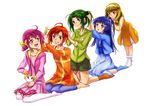  absurdres adjusting_hair ahoge aoki_reika blonde_hair blue_eyes blue_hair bow candy_(smile_precure!) casual cocoroten collarbone dress eyelashes green_eyes green_hair green_shirt grin hair_bow hairband highres hino_akane_(smile_precure!) hood hoodie hoshizora_miyuki kise_yayoi kneeling midorikawa_nao multiple_girls open_mouth orange_shirt pants pink_eyes pink_hair pink_vest ponytail precure red_eyes red_hair shirt shorts sitting smile smile_precure! thighhighs vest wariza white_background white_hairband yellow_eyes zettai_ryouiki 