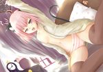  ahoge animal_ears arm_above_head bed bed_sheet black_legwear bow bow_panties breasts bunny cameltoe cat_ears cat_tail clock collarbone curtains dutch_angle elin_(tera) hifumi0413 lavender_eyes looking_at_viewer navel nipples open_clothes open_mouth open_shirt panties pillow pink_hair shirt small_breasts solo stretch striped striped_panties tail tera_online thighhighs thighs underwear video_camera voyeurism yawning 