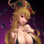  artist_request bangs bare_shoulders bikini_top black_background black_bikini_top black_hat blonde_hair breasts cleavage collarbone fingernails gradient gradient_background halter_top halterneck hand_on_own_chest hat highres junko_(touhou) large_breasts long_hair nail_polish purple_background red_eyes red_nails smile solo source_request string_bikini tassel tongue touhou upper_body 