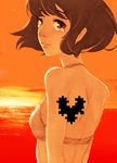  asahi_(sakanasakana) bad_id bad_pixiv_id bikini_top brown_eyes brown_hair heart highres jigsaw_puzzle looking_back ocean original puzzle puzzle_piece short_hair solo sunset tears 