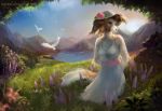  2018 anthro blue_eyes breasts canine clothed clothing day digital_media_(artwork) dog female fur grass looking_at_viewer mammal outside rhyu sky smile solo standing tan_fur 