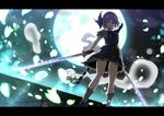  black_hairband blue_eyes dual_wielding full_moon hair_ribbon hairband holding itoo katana konpaku_youmu konpaku_youmu_(ghost) moon ribbon shirt short_hair silver_hair skirt skirt_set solo sword touhou weapon white_hair 