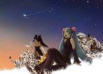  aqua_hair asahi_(sakanasakana) bad_id bad_pixiv_id bare_shoulders black_hair blush character_request closed_eyes detached_sleeves double_bun grin hatsune_miku highres long_hair looking_up multiple_girls night night_sky open_mouth profile sitting sky smile star tiger vocaloid white_tiger 