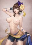  alternate_costume armband bad_id bad_pixiv_id breasts brown_eyes brown_hair earrings flower hair_flower hair_ornament jewelry large_breasts navel nipples sash shin_sangoku_musou short_hair shorts thighs topless vasily_(run211) wang_yi wristband 