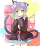  animal_ears blush cardigan cat_ears cat_tail grey_hair kemonomimi_mode kita_high_school_uniform nagato_yuki school_uniform serafuku short_hair solo suzumiya_haruhi_no_yuuutsu tail ut_pictura_poesis yellow_eyes 