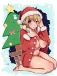  1girl barefoot blonde_hair bottomless breasts christmas feet female hat kneeling large_breasts legs long_hair nipples no_bra no_panties pubic_hair purple_eyes santa_costume santa_hat sasagawa_satarou solo 