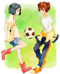  1girl bad_id bad_pixiv_id ball blue_eyes blue_hair brown_hair inazuma_eleven_(series) inazuma_eleven_go matsukaze_tenma short_hair smile soccer_ball sorano_aoi telstar zubora106 