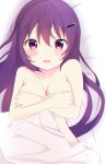  bed_sheet blush breasts cleavage collarbone covering covering_breasts eyebrows_visible_through_hair from_above gochuumon_wa_usagi_desu_ka? hair_between_eyes hair_ornament hairclip highres long_hair looking_at_viewer lying medium_breasts nude on_back open_mouth pix_mloof purple_eyes purple_hair solo tedeza_rize under_covers upper_body very_long_hair 