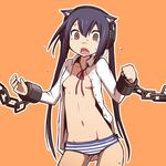  black_hair brown_eyes chain cuffs dress_shirt flat_chest headphones k-on! long_hair nakano_azusa navel nns_(sobchan) open_clothes open_mouth open_shirt panties round_teeth shackles shirt solo striped striped_panties tears teeth twintails underwear 