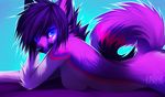  absurd_res anthro blue_background blue_eyes breasts canine ced falvie female fur glowing glowing_eyes hair hi_res looking_at_viewer lying mammal nude on_front plain_background purple_fur purple_hair side_boob solo 