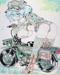  alternate_costume ass backpack bag bare_shoulders blue_eyes blue_hair breast_hold breasts camouflage colored_pencil_(medium) colorized contemporary covering engrish gloves goggles goggles_on_head ground_vehicle hair_bobbles hair_ornament hanging_breasts hat heart kawashiro_nitori large_breasts monochrome motor_vehicle motorcycle okiraku_nikku ranguage revealing_clothes shikishi short_hair shorts sketch solo touhou traditional_media two_side_up 