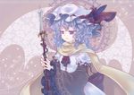  adapted_costume alternate_costume cape colored_eyelashes crown dress flower hat iris_anemone plant polearm purple_hair red_eyes remilia_scarlet ribbon rose short_hair solo thorns touhou upper_body vines weapon 