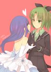  aoki_reika bad_id bad_pixiv_id blue_eyes blue_hair bow dress elbow_gloves eye_contact formal gloves green_eyes green_hair hair_bow heart highres hinagi_(fox_priest) jewelry long_hair looking_at_another midorikawa_nao multiple_girls ponytail precure ring smile_precure! suit wedding_band wedding_dress wife_and_wife yuri 