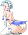  :o ass back backless_outfit blue_hair blush braid elbow_gloves fin_e_ld_si_laffinty flower gloves hair_flower hair_ornament koyopi leotard mall_link_suit panties pantyshot purple_eyes rinne_no_lagrange short_hair solo thighhighs underwear 