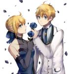  1boy 1girl arthur_pendragon_(fate) artoria_pendragon_(all) blonde_hair blue_bow blue_dress blue_eyes blue_flower blue_neckwear blue_rose bow breasts cleavage collarbone couple dress elbow_gloves eyebrows_visible_through_hair fate_(series) flower formal gloves grey_gloves hair_between_eyes hair_bow holding holding_flower jacket medium_breasts necktie open_mouth rose saber short_hair simple_background sleeveless sleeveless_dress upper_body white_background white_jacket woumu 