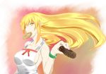  bad_id bad_pixiv_id blonde_hair doughnut fang food highres long_hair maki_ikazuya monogatari_(series) nisemonogatari oshino_shinobu simple_background solo yellow_eyes 