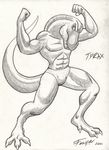  anthro dino dinosaur fossil greyscale male monochrome muscles pose scalie solo speedo swimsuit tyrannosaurus_rex tyrax underwear 