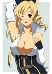  arm_behind_head arm_up armpits blonde_hair blush breasts buckle cleavage drill_hair face fingerless_gloves gloves hat large_breasts mahou_shoujo_madoka_magica one_eye_closed open_clothes shin'ya_(nanp) solo tomoe_mami twin_drills twintails yellow_eyes 