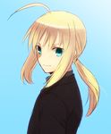  afjc ahoge artoria_pendragon_(all) blonde_hair fate/zero fate_(series) formal green_eyes long_hair necktie ponytail saber sidelocks simple_background smile solo suit 