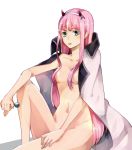  bangs breasts candy cape cleavage collarbone darling_in_the_franxx food green_eyes hair_censor hair_over_breasts hairband hand_on_lap holding horns lollipop long_hair medium_breasts naked_cape navel pink_hair shiny shiny_hair shiny_skin simple_background sitting solo tongue tongue_out very_long_hair white_background white_hairband woumu zero_two_(darling_in_the_franxx) 