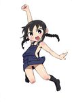  black_hair braid heart heart_in_mouth highres jumping mitsudomoe mole naked_overalls ogata_airi open_mouth overalls socks solo tengudake twin_braids 