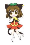  :d animal_ears bow brown_eyes brown_hair cat_ears cat_tail chen chibi full_body hat jewelry lowres multiple_tails nagamo_sakana open_mouth single_earring smile solo standing tail touhou transparent_background 