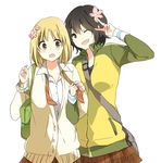  :d :o ;d asagao_to_kase-san bad_id bad_pixiv_id bag between_breasts black_hair blonde_hair breasts buttons cardigan couple flower hair_flower hair_ornament handbag jacket kase_tomoka multiple_girls necktie one_eye_closed open_mouth sao_(0060) skirt smile v yamada_yui yuri 