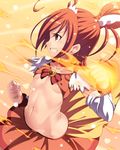  bow breasts choker clenched_hands covered_nipples crop_top cure_sunny elbow_gloves fire flame gloves grin hino_akane_(smile_precure!) midriff navel orange_(color) orange_skirt precure red_choker red_eyes red_hair skirt small_breasts smile smile_precure! solo tasaka_shinnosuke tiara underboob 