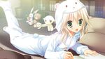  blonde_hair book game_cg hatsuyuki_sakura hontani_kanae pajamas saga_planets shirokuma teddy_bear 