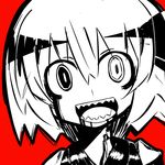  bad_id bad_pixiv_id kikiriri looking_at_viewer monochrome open_mouth red_background rumia sharp_teeth short_hair simple_background solo teeth touhou 