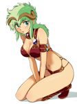  armlet armor bare_shoulders bikini_armor boots breasts cleavage gem green_eyes green_hair kahm kneeling large_breasts long_hair maabou navel o-ring o-ring_bottom outlanders shiny shiny_skin solo squatting v_arms 