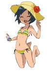  bikini blue_eyes blue_hair hat inazuma_eleven_(series) inazuma_eleven_go multicolored multicolored_bikini multicolored_clothes multicolored_stripes open_mouth short_hair sorano_aoi striped sun_hat swimsuit wakusei_hakai_otoko 