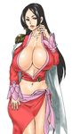  66head black_eyes black_hair boa_hancock breasts cleavage earrings epaulettes huge_breasts jewelry long_hair midriff one_piece simple_background snake_earrings solo white_background 