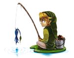  blonde_hair bucket crossover fishing fishing_rod hood indian_style leaf lily_pad link male_focus pikmin_(creature) pikmin_(series) sakura3914 sitting solo the_legend_of_zelda water wet 