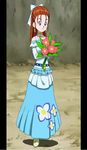  1girl bouquet brown_hair character character_request choker dragon_quest dress earrings flower jewelry long_hair outdoors request screen_capture screencap solo standing 