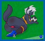  anthro big_butt black_fur blue_eyes border butt camel_toe canine clothed clothing female from_behind fur german germany huge_butt lonbluewolf looking_at_viewer lying mammal on_side pinup pose skimpy soccer solo wolf world_cup 