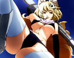  animal_ears bare_shoulders bikini black_gloves blonde_hair blue_background blue_sky boots breasts breasts_apart cameltoe cartridge cosplay covered_nipples dearmybrothers dutch_angle elbow_gloves fox_ears fox_tail from_below gloves hair_ornament large_breasts legs midriff multiple_tails navel outdoors scarf shiny shiny_skin short_hair short_shorts shorts skull_hair_ornament sky solo spread_legs swimsuit tail tengen_toppa_gurren_lagann thick_thighs thighhighs thighs touhou underboob white_legwear yakumo_ran yellow_eyes yoko_littner yoko_littner_(cosplay) 