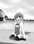  a.ringo absurdres blush chain-link_fence dress_shirt fence greyscale highres long_hair looking_at_viewer monochrome open_clothes open_shirt original outdoors ponytail pool poolside scenery school_swimsuit shirt sitting solo swimsuit swimsuit_under_clothes thighhighs wariza wet 