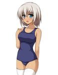  arm_behind_back bad_id bad_pixiv_id blue_eyes blush dark_skin don_(29219) one-piece_swimsuit open_mouth original school_swimsuit short_hair silver_hair solo swimsuit thighhighs white_legwear 