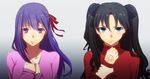  afjc black_hair blue_eyes command_spell fate/stay_night fate_(series) hair_ribbon long_hair matou_sakura multiple_girls purple_eyes purple_hair ribbon siblings sisters toosaka_rin two_side_up 