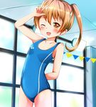  breasts brown_eyes brown_hair competition_swimsuit long_hair looking_at_viewer ok-ray one-piece_swimsuit one_eye_closed original small_breasts solo swimsuit twintails v 