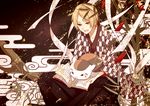  bamboo blonde_hair book cat cloud colorized egasumi fukkin_(hukkyunzzz) hakama japanese_clothes kimono leaf male_focus moco natsume_takashi natsume_yuujinchou nyanko ribbon tanabata tanzaku whorled_clouds yagasuri yellow_eyes 