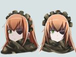  1girl brown_hair camouflage cz2128_delta expressionless eyepatch green_eyes grey_background highres kyer0704 long_hair looking_at_viewer maid_headdress overlord_(maruyama) portrait simple_background solo symbol-shaped_pupils 