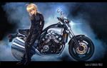  ahoge artoria_pendragon_(all) blonde_hair boyaking fate/zero fate_(series) formal ground_vehicle motor_vehicle motorcycle necktie pant_suit ponytail saber solo suit yamaha_v-max 
