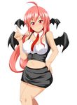  &gt;:) adapted_costume ahoge bat_wings blush breasts detached_collar head_wings index_finger_raised koakuma large_breasts long_hair midriff miniskirt navel necktie red_neckwear skirt smile solo sugamo touhou v-shaped_eyebrows wings 